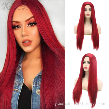 Wholesale Long Ombre Red Straight Cosplay Clip In Synthetic Hair Extensions Wigs for Black Women Colored Heat Resistant Hair Wig